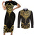 Gold Black New Zealand Manta Ray Couples Matching Short Sleeve Bodycon Dress and Long Sleeve Button Shirt Aotearoa Maori Haehae - Polynesian Pride