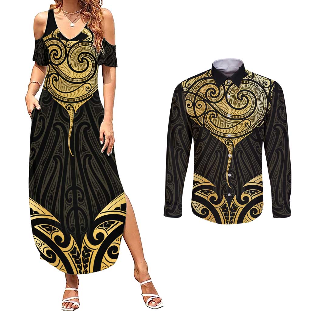 Gold Black New Zealand Manta Ray Couples Matching Summer Maxi Dress and Long Sleeve Button Shirt Aotearoa Maori Haehae - Polynesian Pride