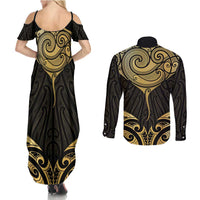 Gold Black New Zealand Manta Ray Couples Matching Summer Maxi Dress and Long Sleeve Button Shirt Aotearoa Maori Haehae - Polynesian Pride