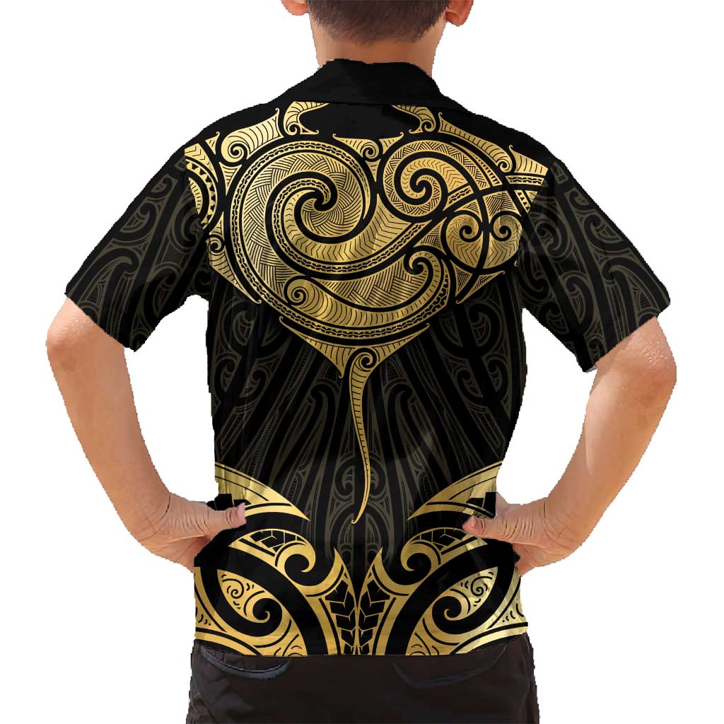 Gold Black New Zealand Manta Ray Family Matching Long Sleeve Bodycon Dress and Hawaiian Shirt Aotearoa Maori Haehae - Polynesian Pride