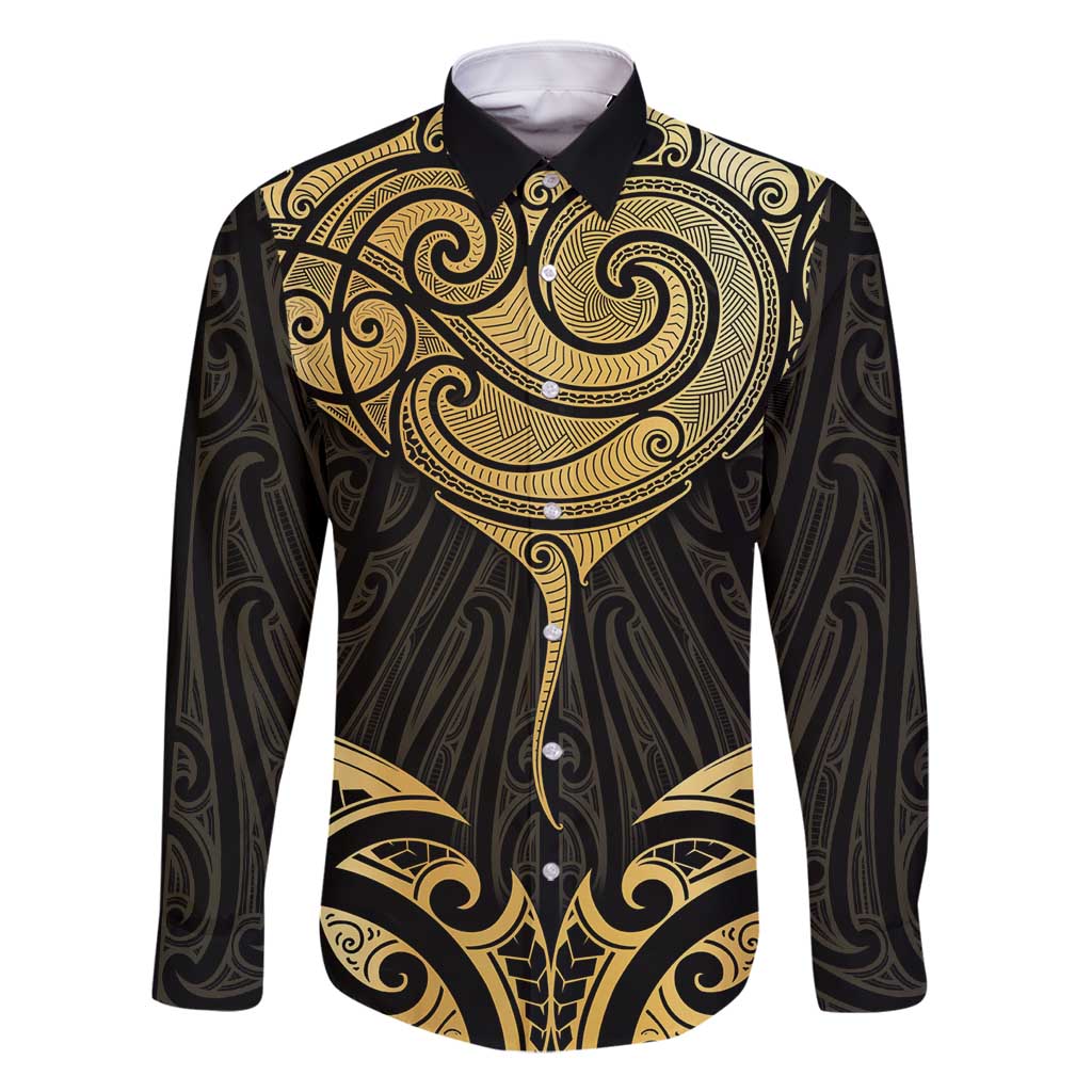 Gold Black New Zealand Manta Ray Family Matching Long Sleeve Bodycon Dress and Hawaiian Shirt Aotearoa Maori Haehae - Polynesian Pride