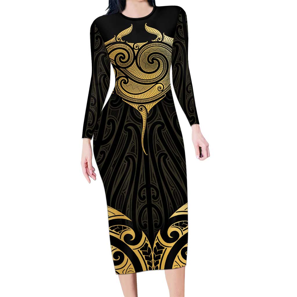 Gold Black New Zealand Manta Ray Family Matching Long Sleeve Bodycon Dress and Hawaiian Shirt Aotearoa Maori Haehae - Polynesian Pride