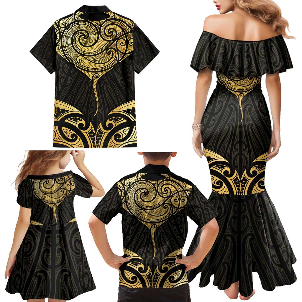 Gold Black New Zealand Manta Ray Family Matching Mermaid Dress and Hawaiian Shirt Aotearoa Maori Haehae - Polynesian Pride