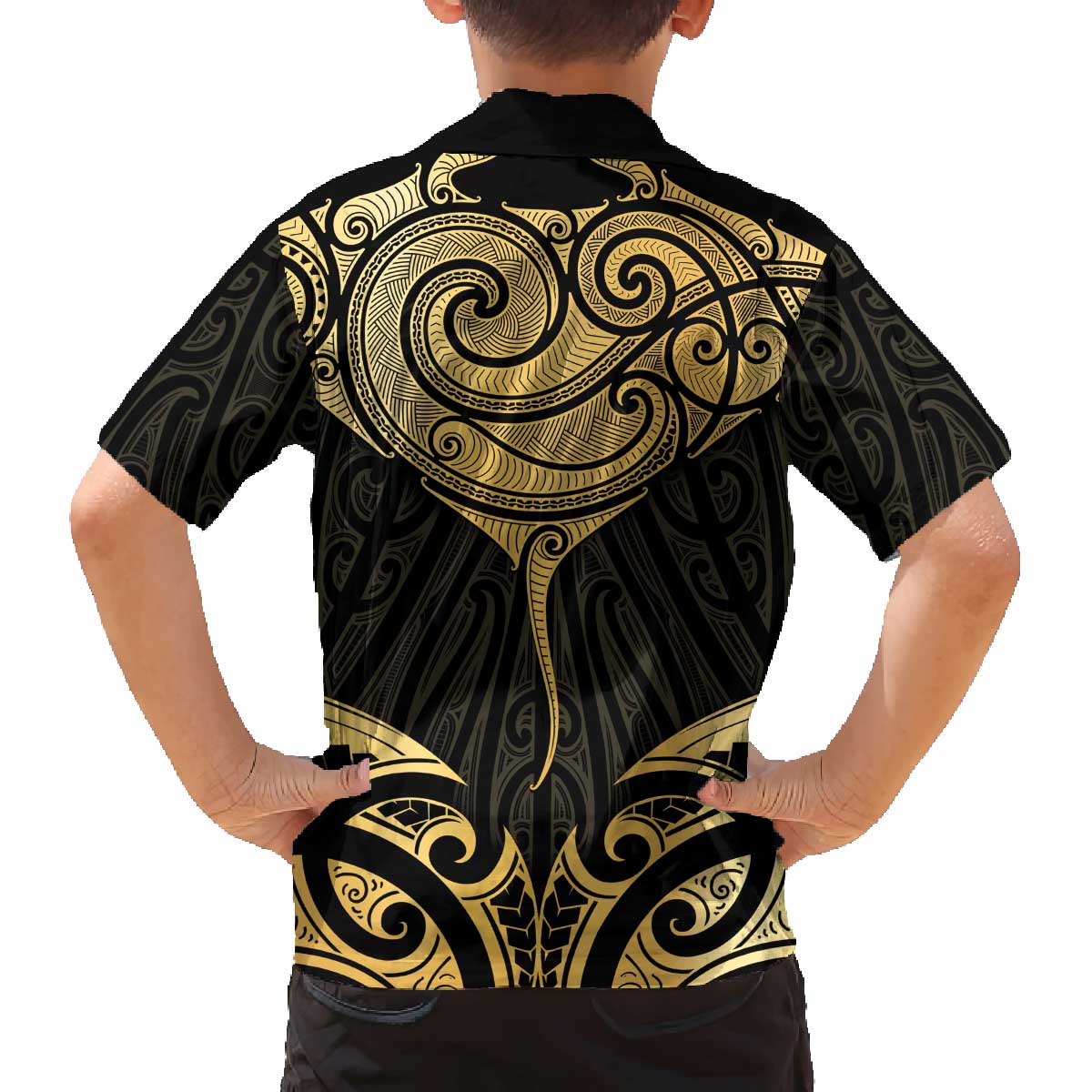 Gold Black New Zealand Manta Ray Family Matching Off The Shoulder Long Sleeve Dress and Hawaiian Shirt Aotearoa Maori Haehae - Polynesian Pride