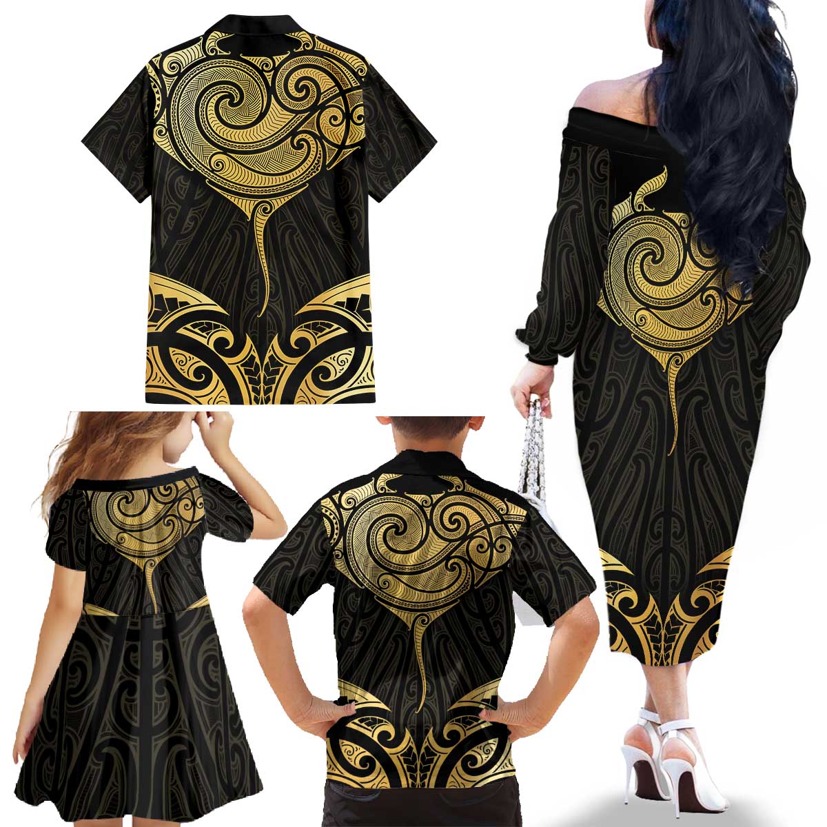 Gold Black New Zealand Manta Ray Family Matching Off The Shoulder Long Sleeve Dress and Hawaiian Shirt Aotearoa Maori Haehae - Polynesian Pride