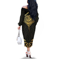 Gold Black New Zealand Manta Ray Family Matching Off The Shoulder Long Sleeve Dress and Hawaiian Shirt Aotearoa Maori Haehae - Polynesian Pride