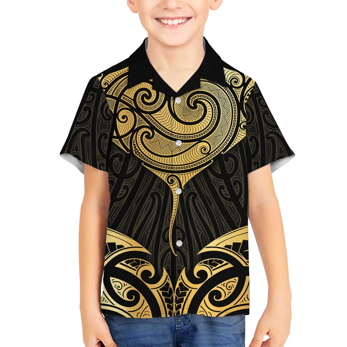 Gold Black New Zealand Manta Ray Family Matching Off The Shoulder Long Sleeve Dress and Hawaiian Shirt Aotearoa Maori Haehae - Polynesian Pride