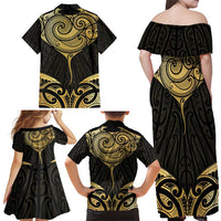 Gold Black New Zealand Manta Ray Family Matching Off Shoulder Maxi Dress and Hawaiian Shirt Aotearoa Maori Haehae - Polynesian Pride