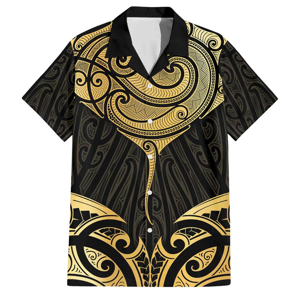 Gold Black New Zealand Manta Ray Family Matching Off Shoulder Short Dress and Hawaiian Shirt Aotearoa Maori Haehae - Polynesian Pride