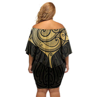 Gold Black New Zealand Manta Ray Family Matching Off Shoulder Short Dress and Hawaiian Shirt Aotearoa Maori Haehae - Polynesian Pride