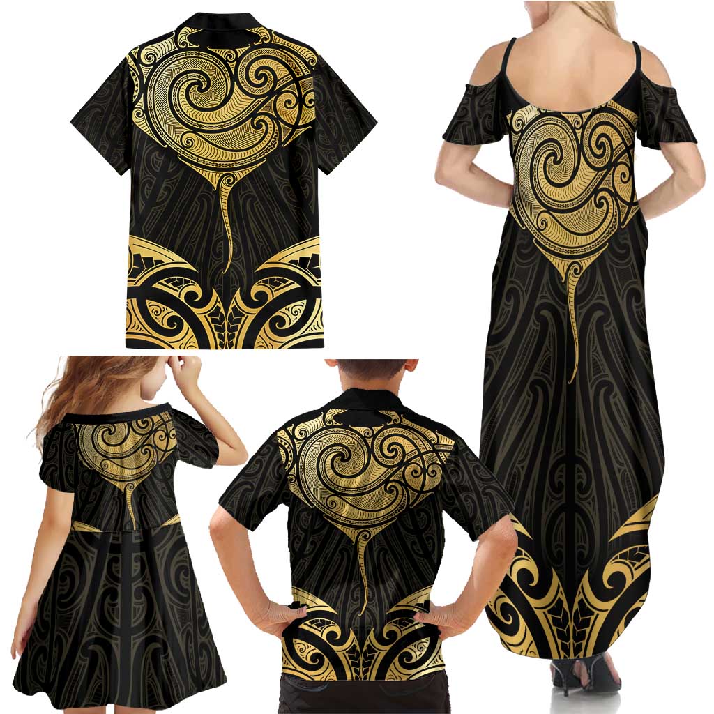 Gold Black New Zealand Manta Ray Family Matching Summer Maxi Dress and Hawaiian Shirt Aotearoa Maori Haehae - Polynesian Pride