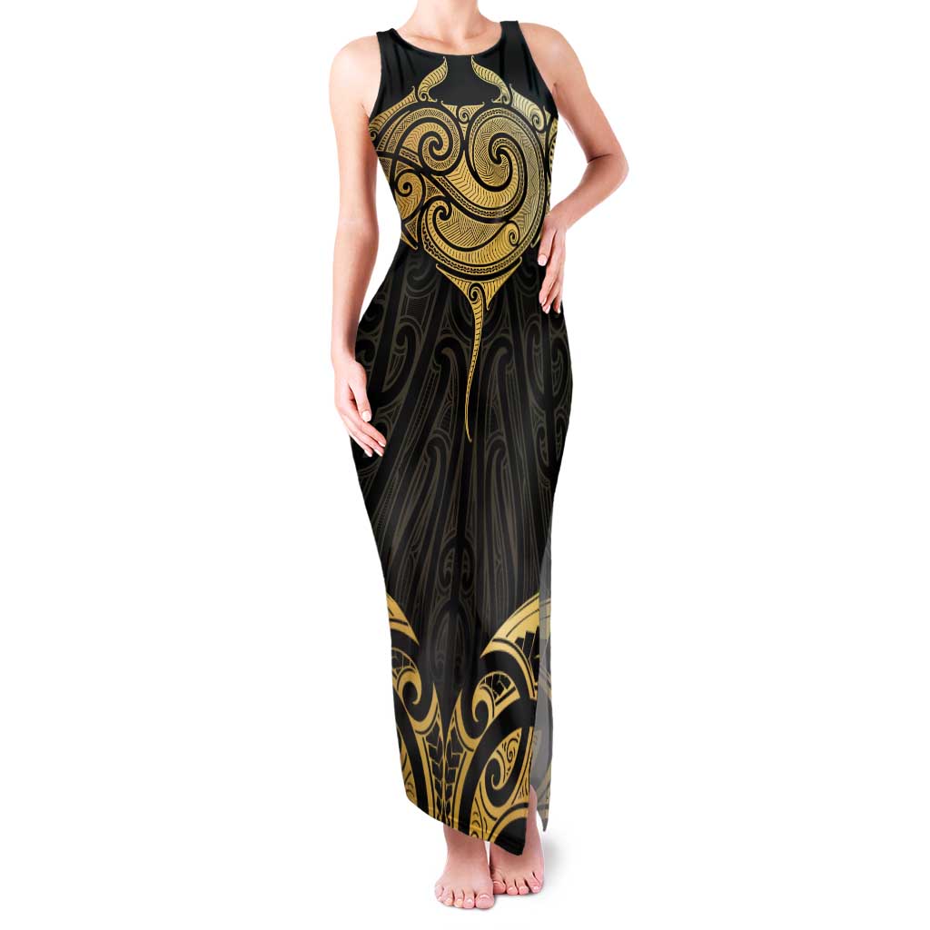 Gold Black New Zealand Manta Ray Family Matching Tank Maxi Dress and Hawaiian Shirt Aotearoa Maori Haehae - Polynesian Pride