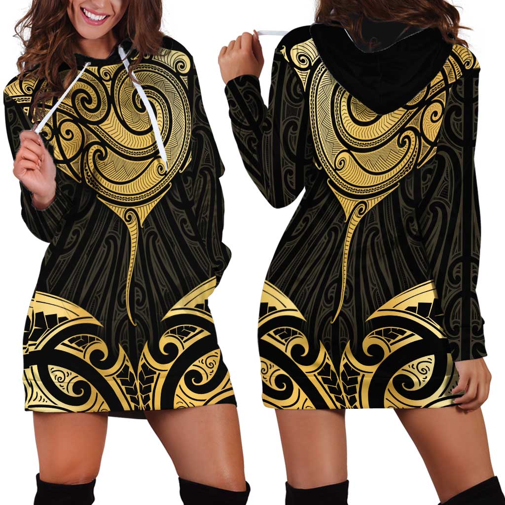 Gold Black New Zealand Manta Ray Hoodie Dress Aotearoa Maori Haehae - Polynesian Pride