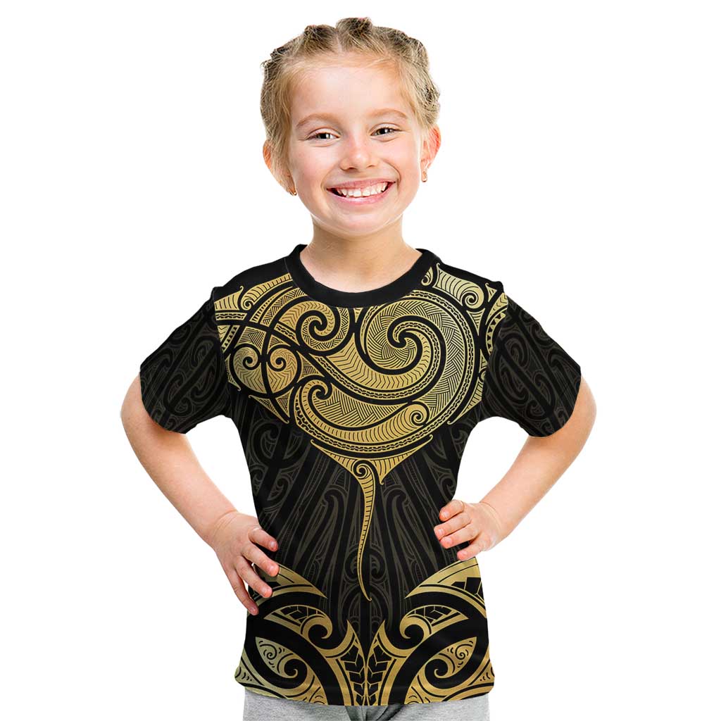 Gold Black New Zealand Manta Ray Kid T Shirt Aotearoa Maori Haehae - Polynesian Pride