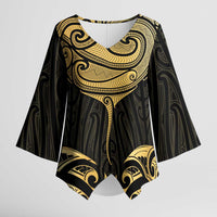 Gold Black New Zealand Manta Ray Kimono Sleeve Blouse Aotearoa Maori Haehae - Polynesian Pride