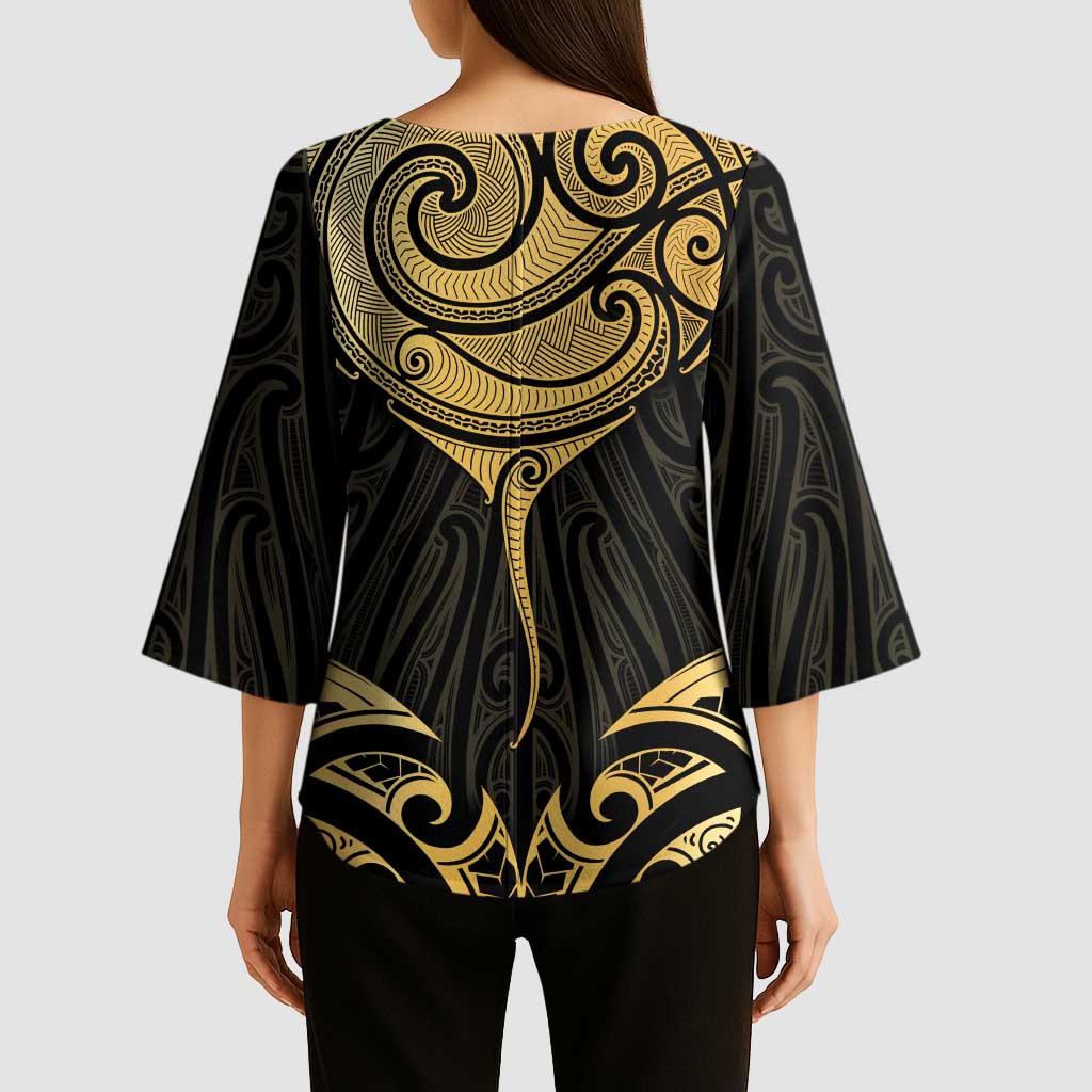 Gold Black New Zealand Manta Ray Kimono Sleeve Blouse Aotearoa Maori Haehae - Polynesian Pride