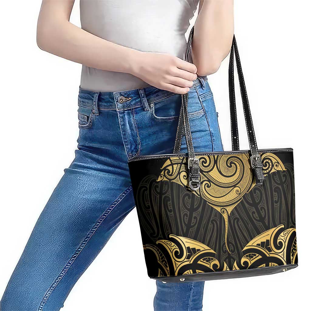 Gold Black New Zealand Manta Ray Leather Tote Bag Aotearoa Maori Haehae - Polynesian Pride