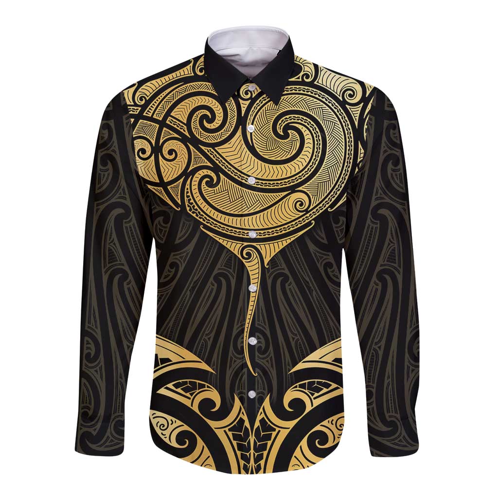 Gold Black New Zealand Manta Ray Long Sleeve Button Shirt Aotearoa Maori Haehae - Polynesian Pride