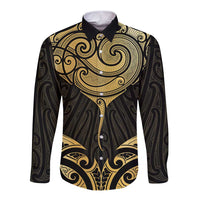 Gold Black New Zealand Manta Ray Long Sleeve Button Shirt Aotearoa Maori Haehae - Polynesian Pride