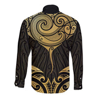 Gold Black New Zealand Manta Ray Long Sleeve Button Shirt Aotearoa Maori Haehae - Polynesian Pride