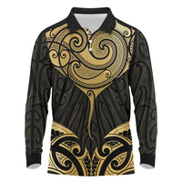 Gold Black New Zealand Manta Ray Long Sleeve Polo Shirt Aotearoa Maori Haehae - Polynesian Pride