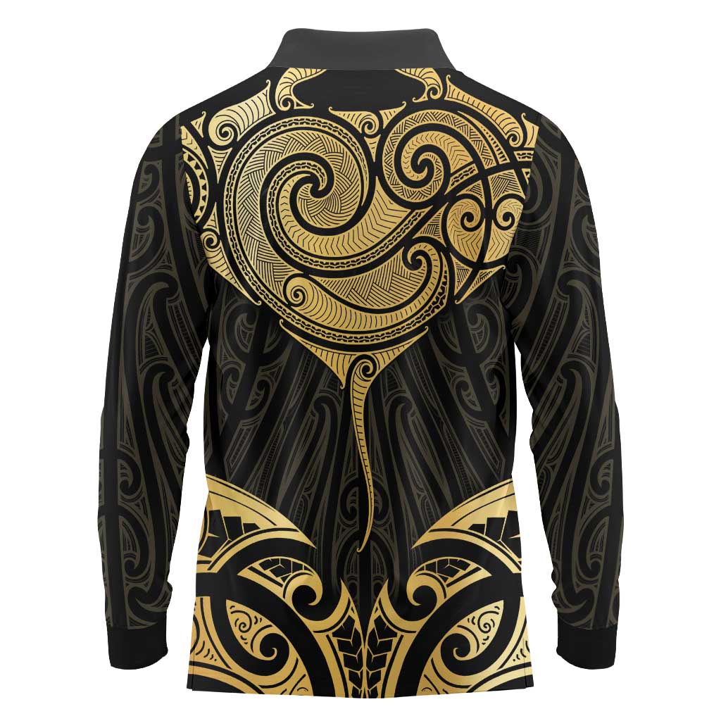 Gold Black New Zealand Manta Ray Long Sleeve Polo Shirt Aotearoa Maori Haehae - Polynesian Pride