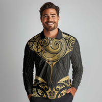 Gold Black New Zealand Manta Ray Long Sleeve Polo Shirt Aotearoa Maori Haehae - Polynesian Pride