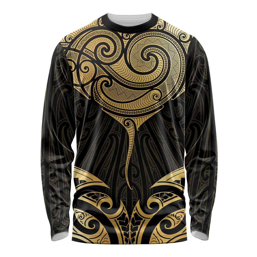 Gold Black New Zealand Manta Ray Long Sleeve Shirt Aotearoa Maori Haehae - Polynesian Pride