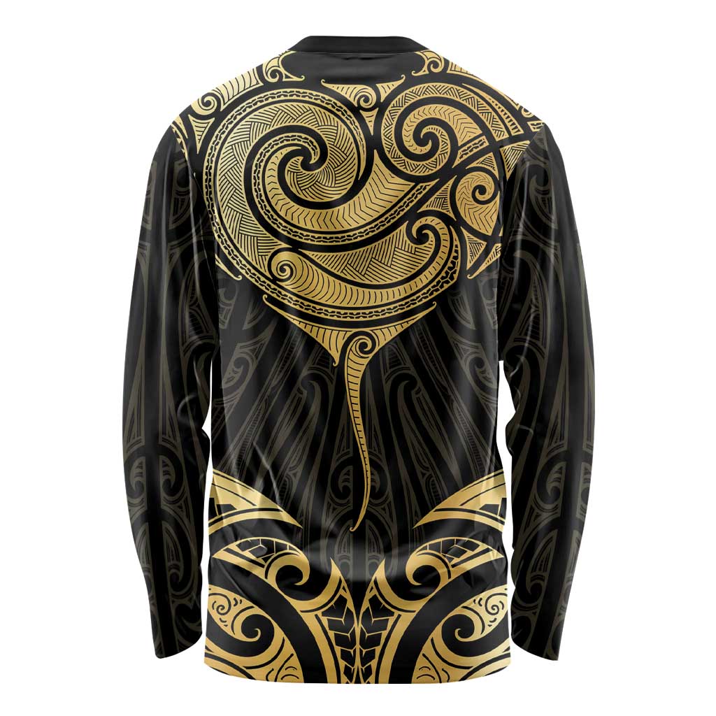 Gold Black New Zealand Manta Ray Long Sleeve Shirt Aotearoa Maori Haehae - Polynesian Pride