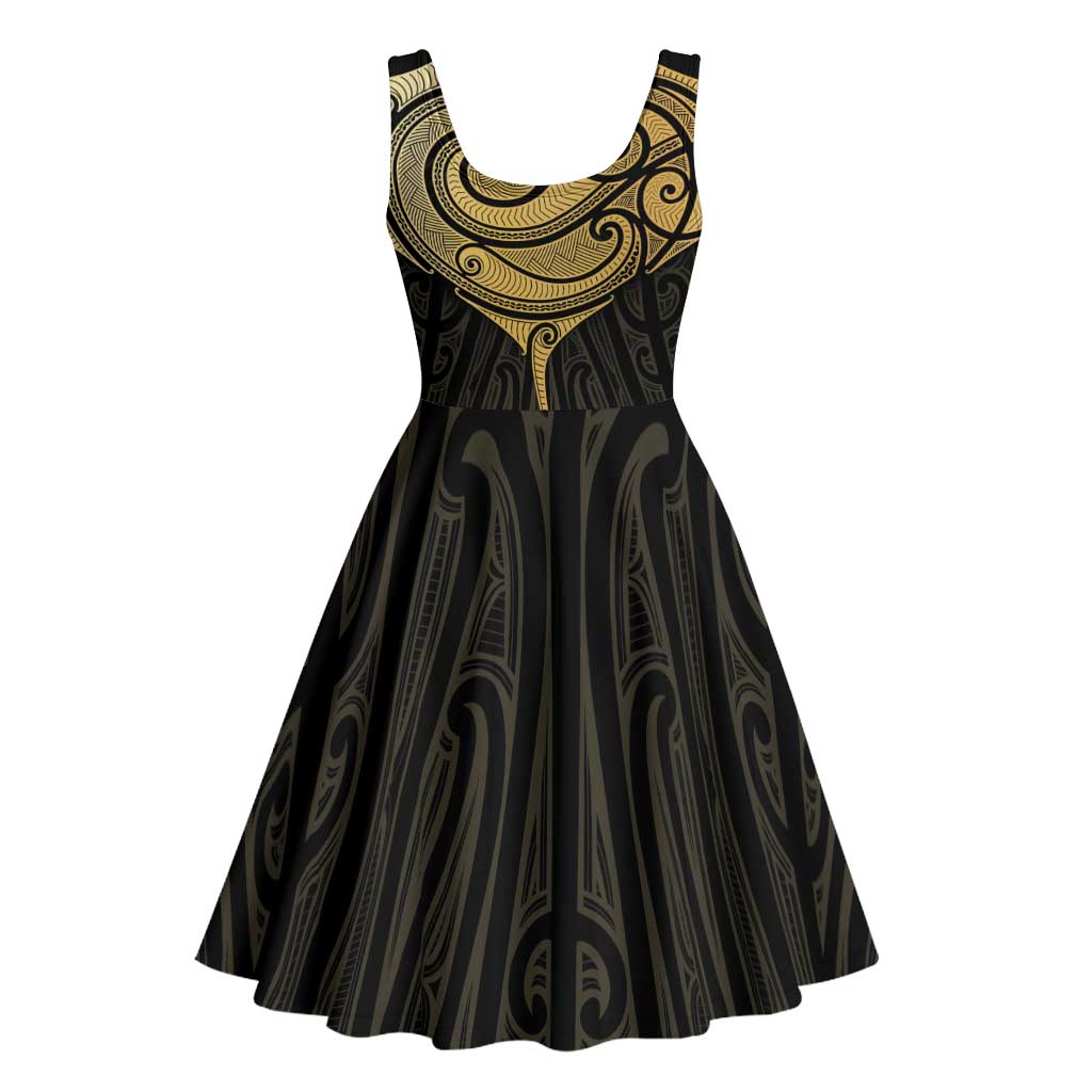 Gold Black New Zealand Manta Ray Midi Dress Aotearoa Maori Haehae - Polynesian Pride