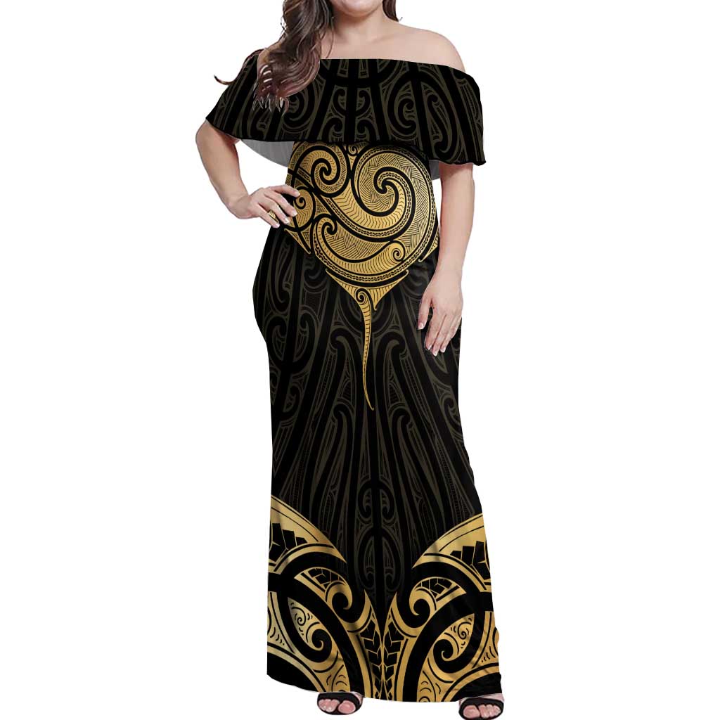 Gold Black New Zealand Manta Ray Off Shoulder Maxi Dress Aotearoa Maori Haehae - Polynesian Pride