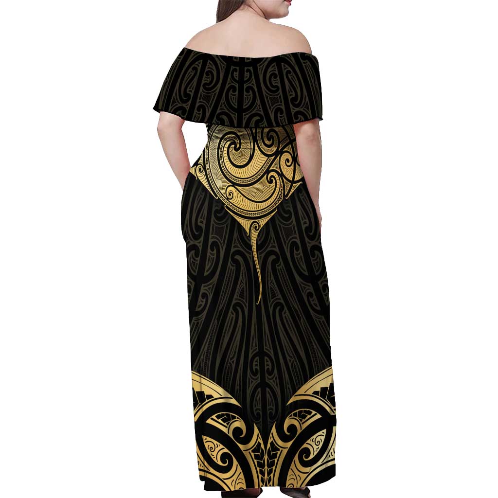 Gold Black New Zealand Manta Ray Off Shoulder Maxi Dress Aotearoa Maori Haehae - Polynesian Pride