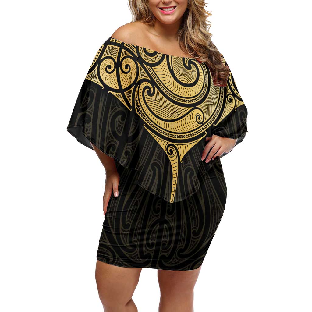 Gold Black New Zealand Manta Ray Off Shoulder Short Dress Aotearoa Maori Haehae - Polynesian Pride