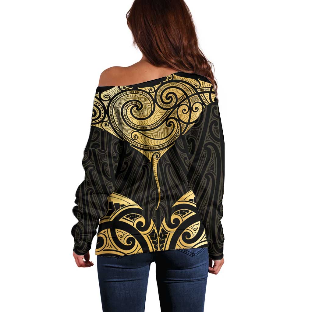 Gold Black New Zealand Manta Ray Off Shoulder Sweater Aotearoa Maori Haehae - Polynesian Pride