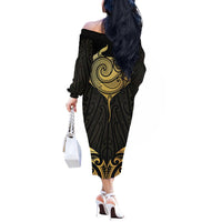 Gold Black New Zealand Manta Ray Off The Shoulder Long Sleeve Dress Aotearoa Maori Haehae - Polynesian Pride