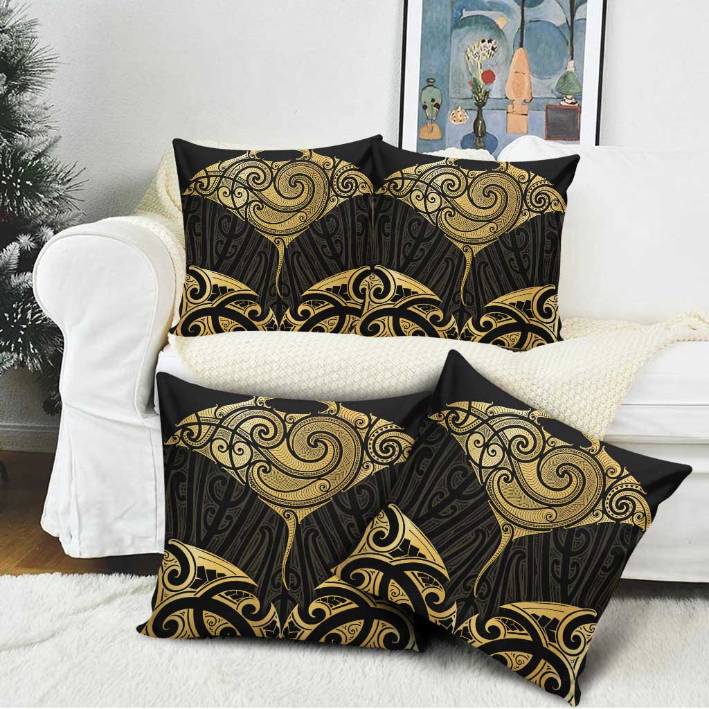 Gold Black New Zealand Manta Ray Pillow Cover Aotearoa Maori Haehae - Polynesian Pride