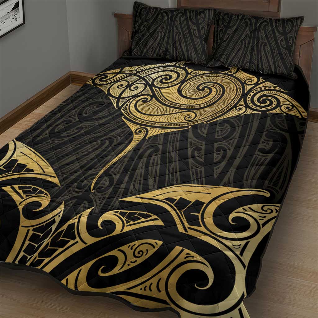 Gold Black New Zealand Manta Ray Quilt Bed Set Aotearoa Maori Haehae - Polynesian Pride