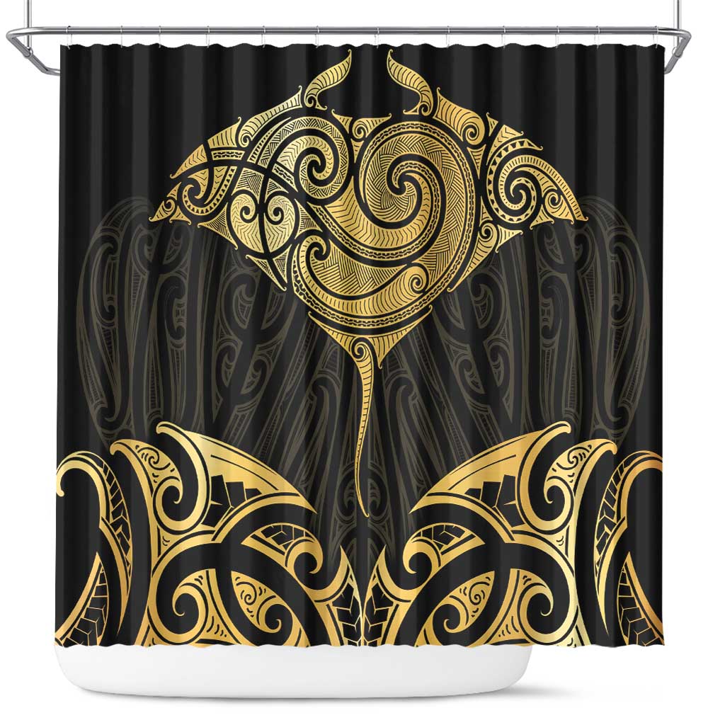Gold Black New Zealand Manta Ray Shower Curtain Aotearoa Maori Haehae - Polynesian Pride