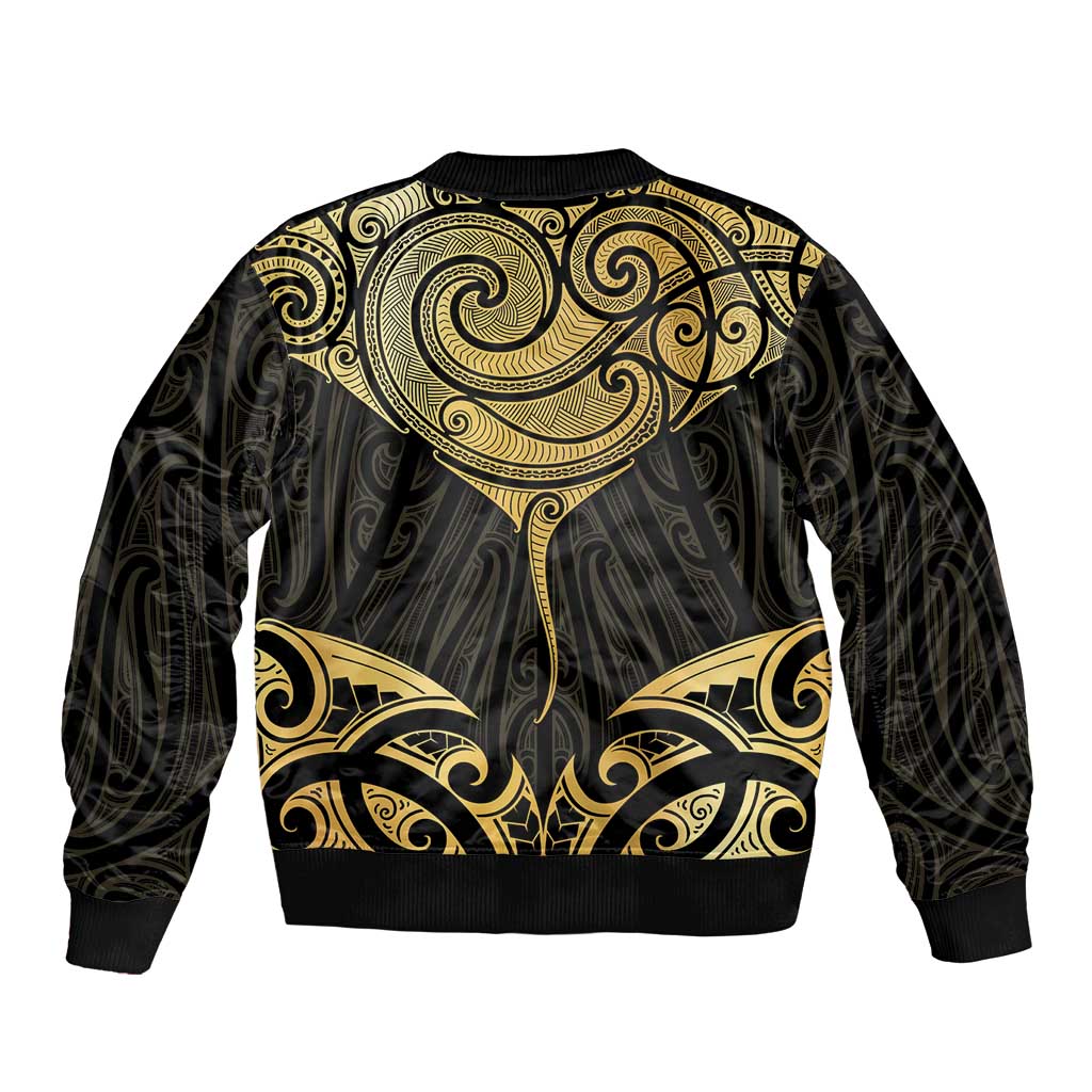 Gold Black New Zealand Manta Ray Sleeve Zip Bomber Jacket Aotearoa Maori Haehae - Polynesian Pride
