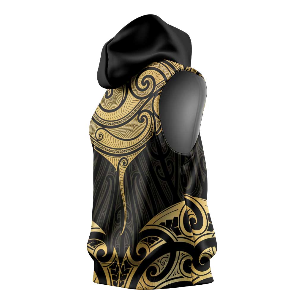 Gold Black New Zealand Manta Ray Sleeveless Hoodie Aotearoa Maori Haehae - Polynesian Pride