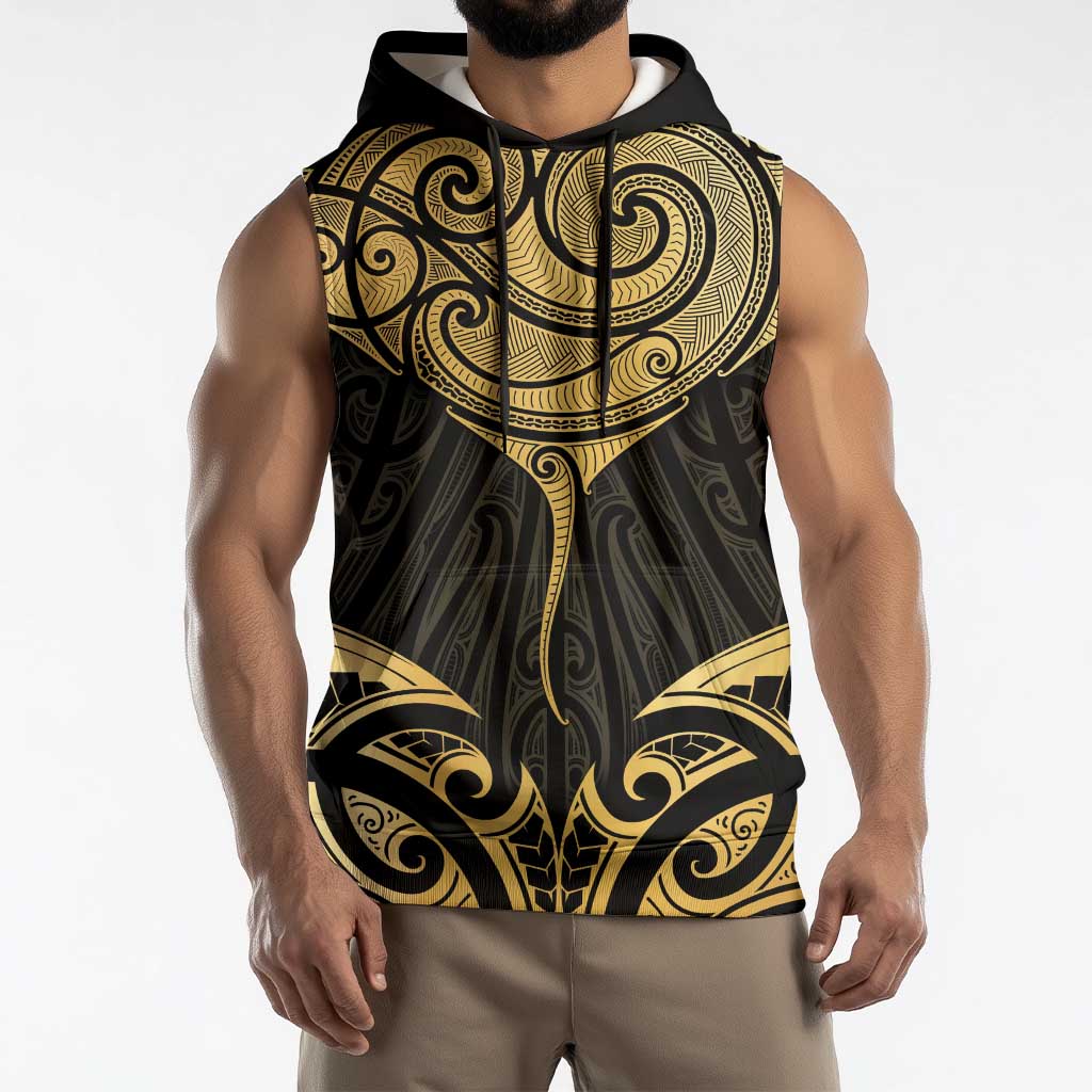 Gold Black New Zealand Manta Ray Sleeveless Hoodie Aotearoa Maori Haehae - Polynesian Pride