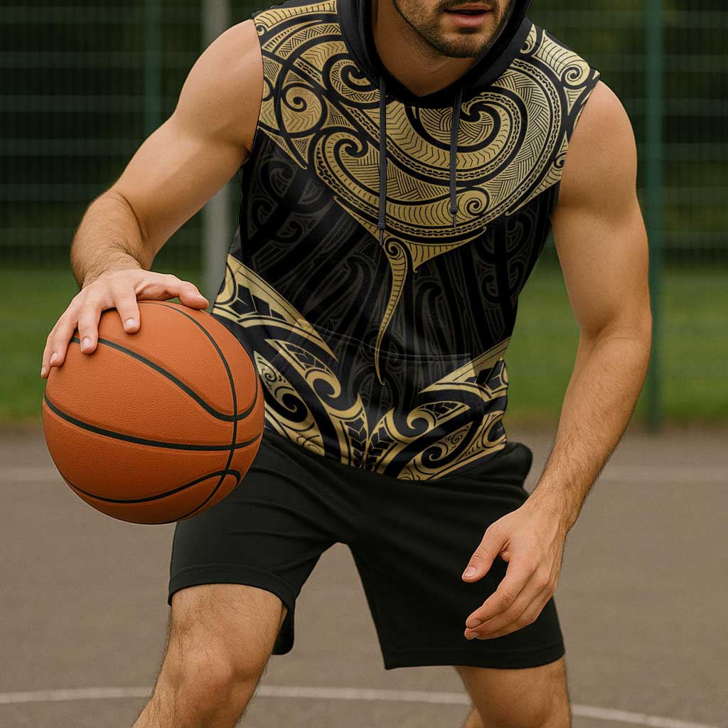 Gold Black New Zealand Manta Ray Sleeveless Hoodie Aotearoa Maori Haehae - Polynesian Pride