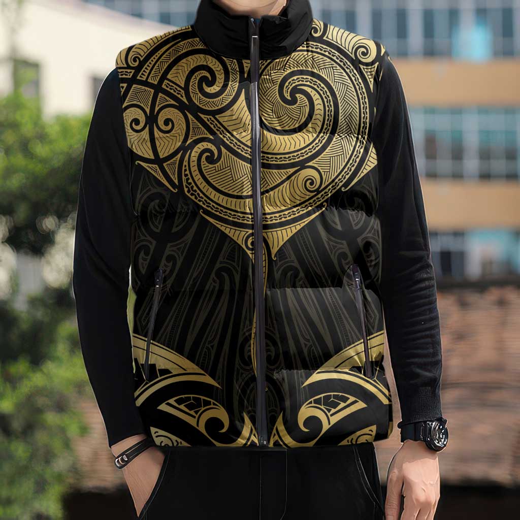 Gold Black New Zealand Manta Ray Sleeveless Puffer Jacket Aotearoa Maori Haehae - Polynesian Pride
