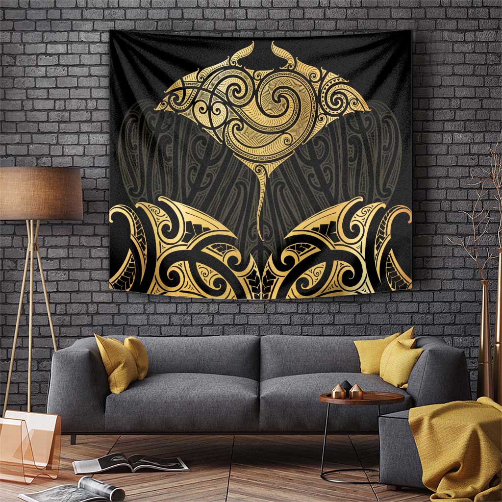 Gold Black New Zealand Manta Ray Tapestry Aotearoa Maori Haehae - Polynesian Pride