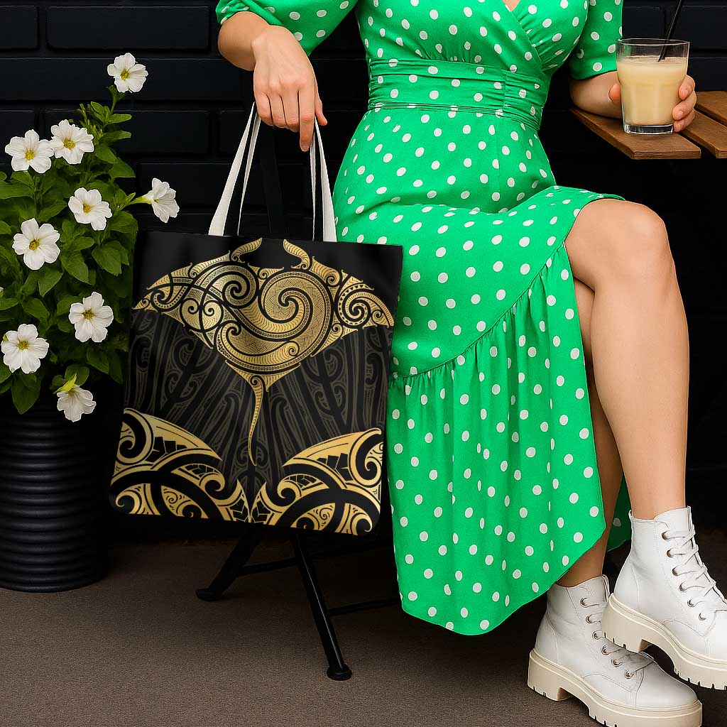 Gold Black New Zealand Manta Ray Tote Bag Aotearoa Maori Haehae - Polynesian Pride