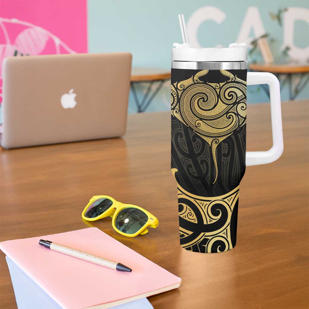 Gold Black New Zealand Manta Ray Tumbler With Handle Aotearoa Maori Haehae - Polynesian Pride