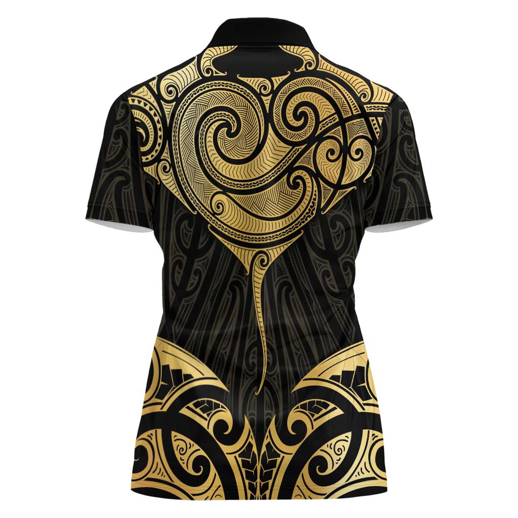 Gold Black New Zealand Manta Ray Women Polo Shirt Aotearoa Maori Haehae - Polynesian Pride