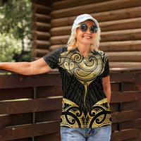 Gold Black New Zealand Manta Ray Women Polo Shirt Aotearoa Maori Haehae - Polynesian Pride