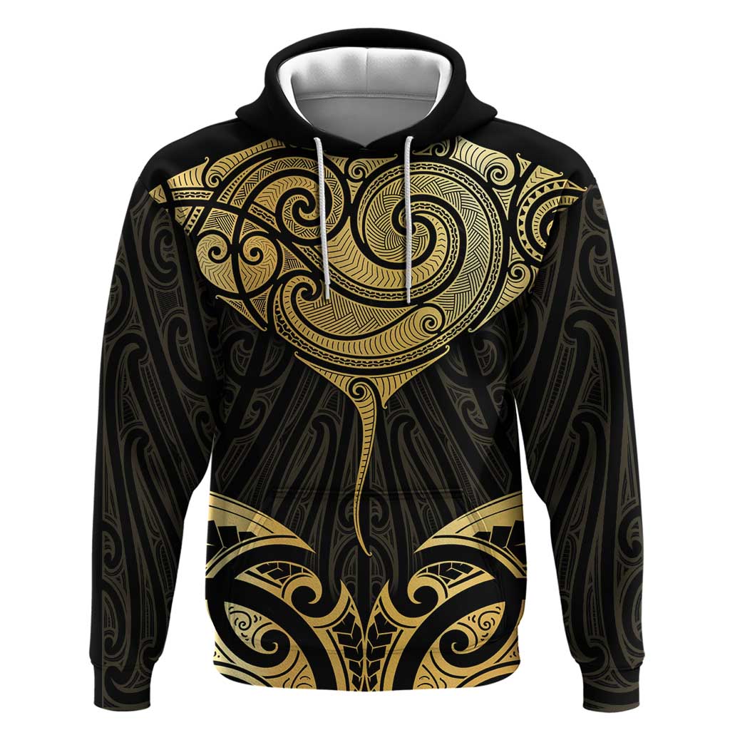 Gold Black New Zealand Manta Ray Zip Hoodie Aotearoa Maori Haehae - Polynesian Pride
