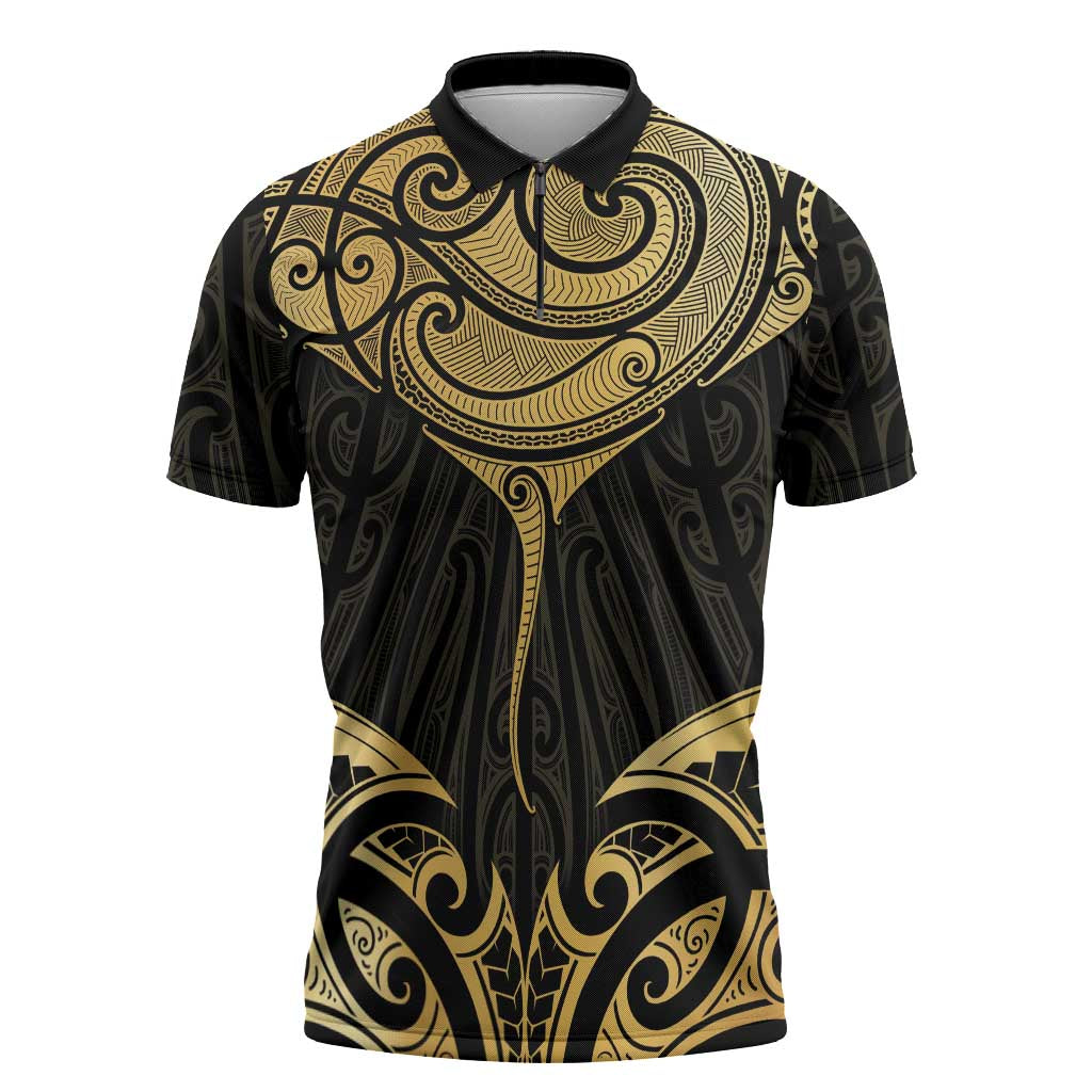Gold Black New Zealand Manta Ray Zipper Polo Shirt Aotearoa Maori Haehae - Polynesian Pride